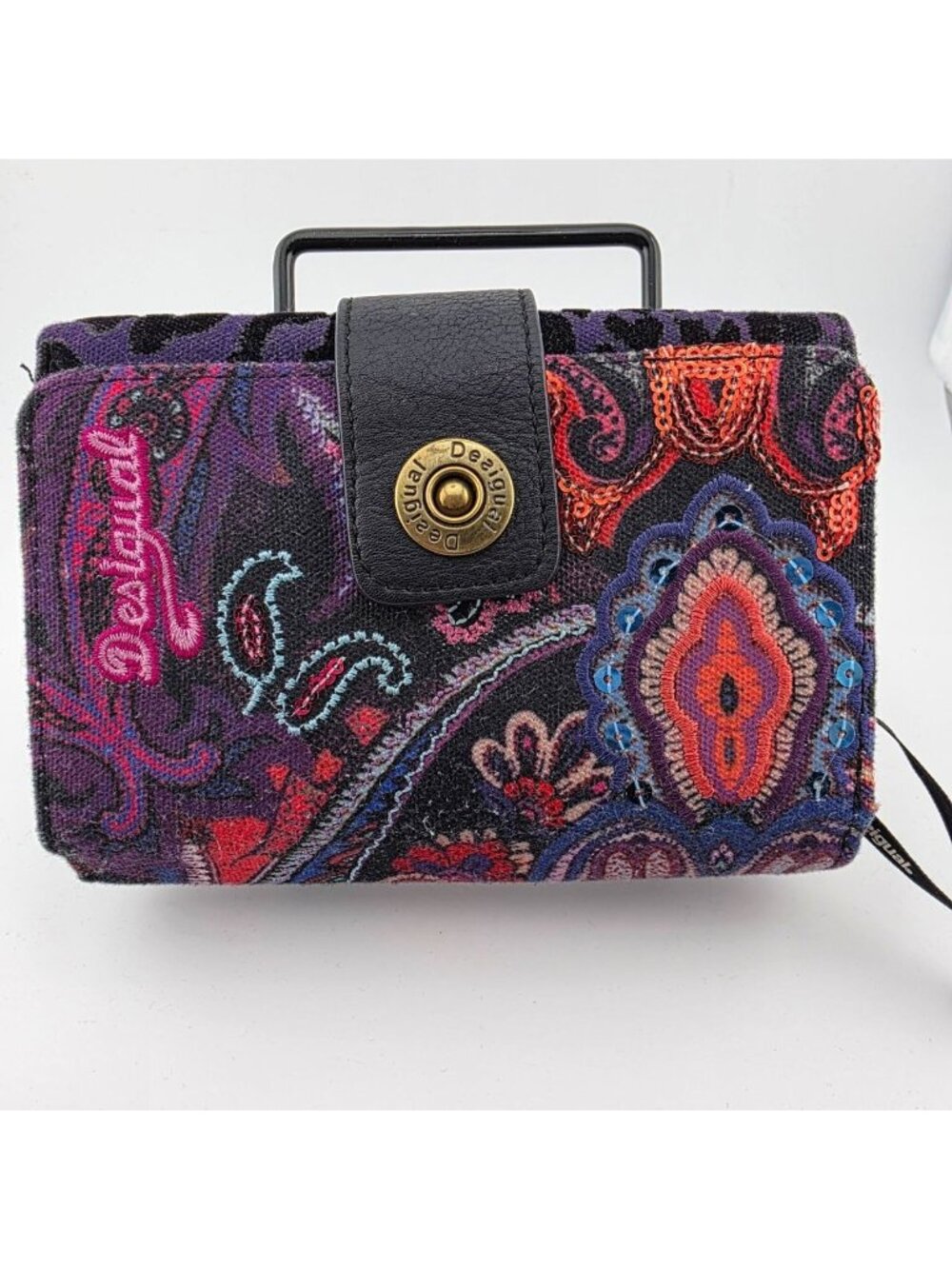 Desigual Purple Leopard Paisley Embroidered Snap Wallet Boho